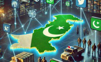 Map of Pakistan with security officials and social media platform icons under a CCTV camera