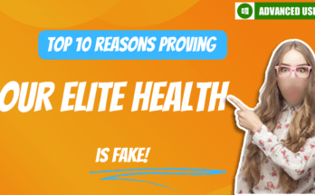 Text: Top 10 Reasons proving Our Elite Health is Fake Pic of girl with blurred face pointing with finger to the text with wondering expressions logo of Advanced User in top right corner containing text Advanced User