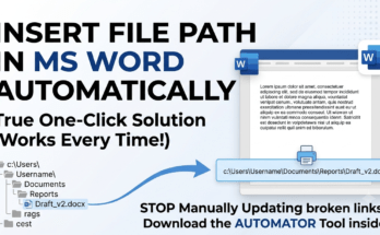 Graphic showing how to insert file path in MS Word automatically with an arrow pointing from a folder directory to a Word document footer