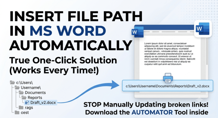 Graphic showing how to insert file path in MS Word automatically with an arrow pointing from a folder directory to a Word document footer