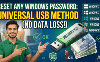 A young Pakistani man in a green shirt smiles and gestures toward a metallic USB drive labeled "RECOVERY KEY" floating in the center. To the right of the USB drive, a stacked list displays the text and logos for Windows 11, Windows 10, Windows 8, Windows 7, and Windows XP. Next to the drive is a stack of Pakistani rupee notes, a low battery icon at 32%, and a green shield icon reading "SECURED DATA". The background features a tech office setting with large, bold text at the top reading "RESET ANY WINDOWS PASSWORD: UNIVERSAL USB METHOD (NO DATA LOSS!)".