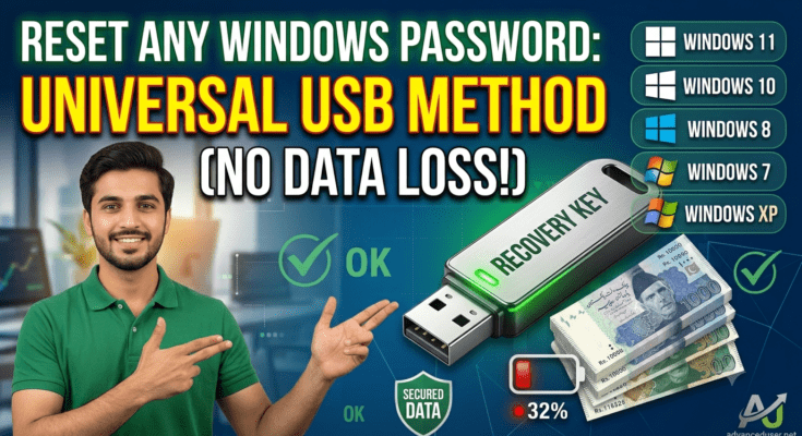A young Pakistani man in a green shirt smiles and gestures toward a metallic USB drive labeled "RECOVERY KEY" floating in the center. To the right of the USB drive, a stacked list displays the text and logos for Windows 11, Windows 10, Windows 8, Windows 7, and Windows XP. Next to the drive is a stack of Pakistani rupee notes, a low battery icon at 32%, and a green shield icon reading "SECURED DATA". The background features a tech office setting with large, bold text at the top reading "RESET ANY WINDOWS PASSWORD: UNIVERSAL USB METHOD (NO DATA LOSS!)".