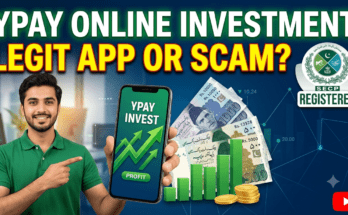 A young Pakistani man in a green shirt pointing to a smartphone screen displaying a rising profit chart and the words "YPay Invest". Next to the phone are Pakistani rupee notes (1000, 500), a green bar graph, and gold coins. In the top right corner, an "SECP Registered" seal is visible, with bold white and yellow text at the top reading "YPAY ONLINE INVESTMENT LEGIT APP OR SCAM?"