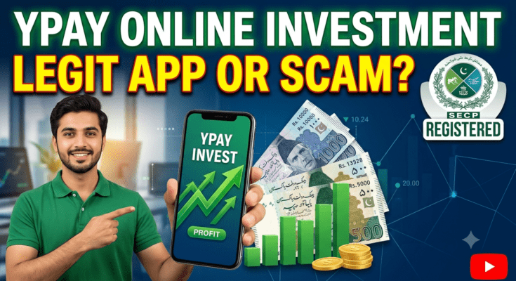 A young Pakistani man in a green shirt pointing to a smartphone screen displaying a rising profit chart and the words "YPay Invest". Next to the phone are Pakistani rupee notes (1000, 500), a green bar graph, and gold coins. In the top right corner, an "SECP Registered" seal is visible, with bold white and yellow text at the top reading "YPAY ONLINE INVESTMENT LEGIT APP OR SCAM?"